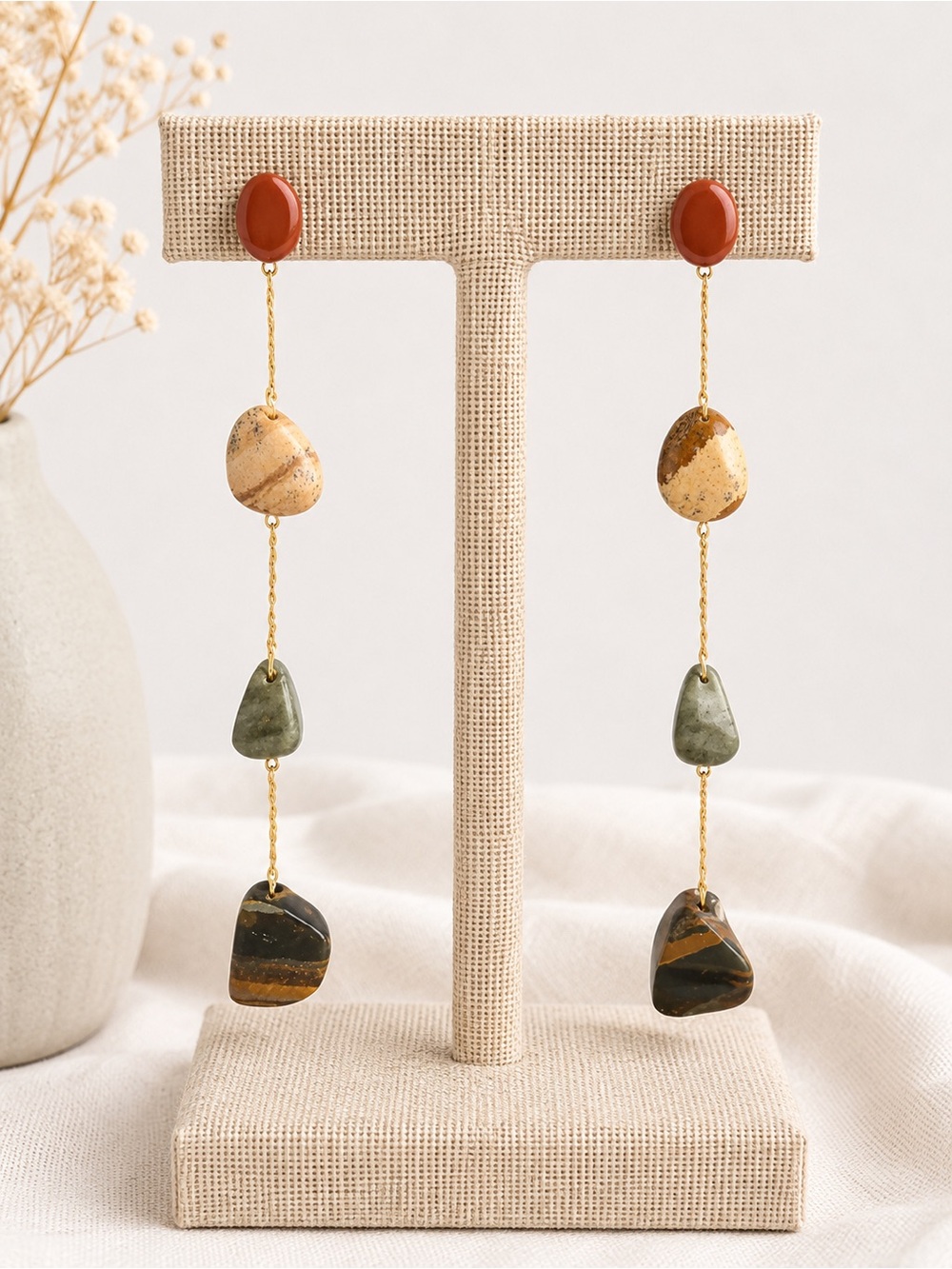 Zara Gold-Chain Drop Earrings with Rust, Beige and Olive Stones